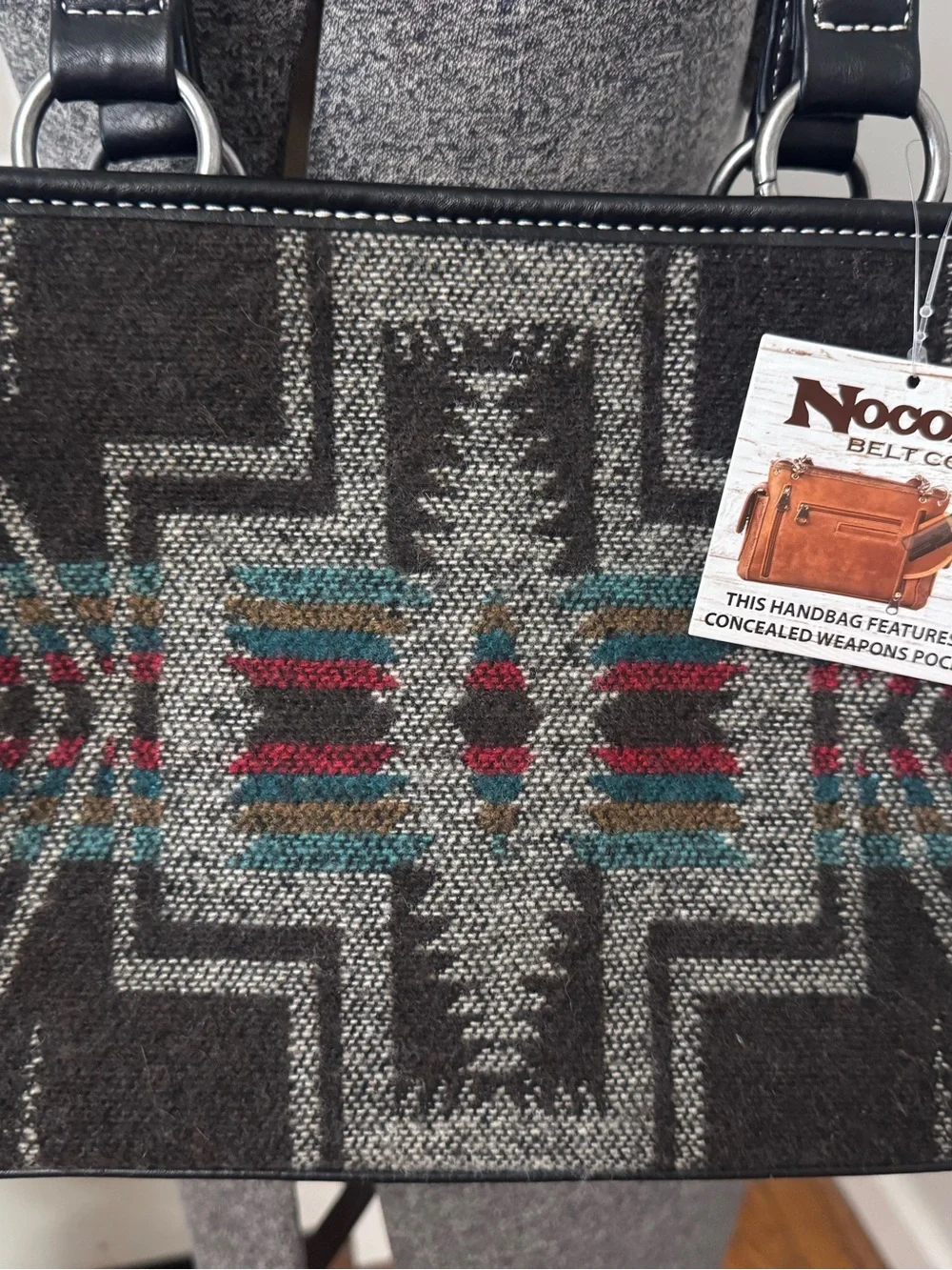 Nocona Southwestern Pattern Tote Bag in Charcoal with Teal & Pink Accents NWT